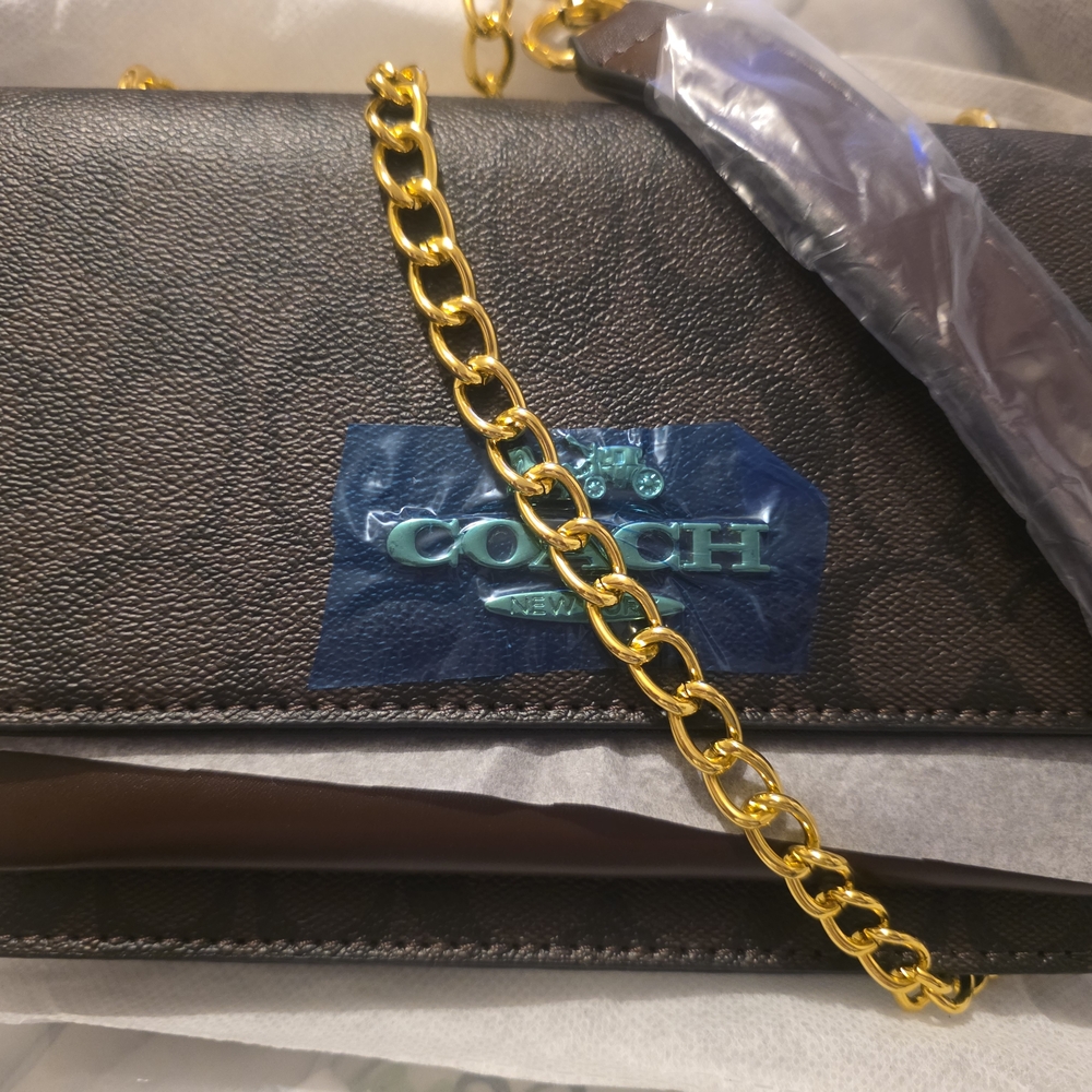 Brown and Gold Leather Shoulder Bag with Chain Detail
